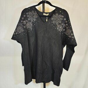 Black Soft Knit V-neck Floral with rhinestone Sweater